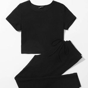 Solid knit-rib crop tee & tie waist pants set